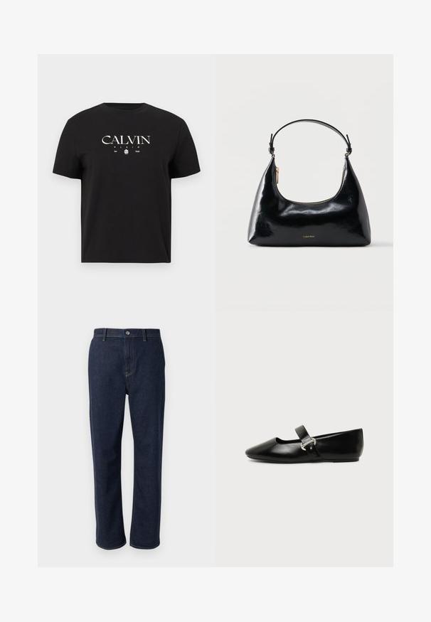 Μαύρο κοντομάνικο T-shirt με λευκό λογότυπο "CALVIN KLEIN Est. 1968" και μικρό γραφικό στο κέντρο μπροστά.; Σκούρο μπλε τζιν παντελόνι με ίσια γραμμή, που διαθέτει φερμουάρ, μπροστινές τσέπες και εμφανή ραφή σε αντίθετο χρώμα.; Μαύρο δερμάτινο παπούτσι Mary Jane με επίπεδη σόλα, στρογγυλεμένη μύτη και ασημένια αγκράφα σε απλό φόντο.; Μαύρη γυαλιστερή τσάντα Calvin Klein με χρυστό φερμουάρ και κοντό λουρί σε απλό λευκό φόντο.