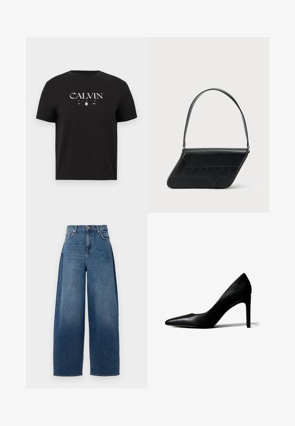 Μαύρο κοντομάνικο T-shirt με λευκό λογότυπο "CALVIN KLEIN Est. 1968" και μικρό γραφικό στο κέντρο μπροστά.; Φαρδιές τζιν παντελόνες από σκούρο μπλε τζιν. Διαθέτουν ψηλή μέση, πέντε τσέπες και κλείσιμο με πάνω κουμπί. Ελαφρώς φθαρμένη υφή σε όλη την επιφάνεια.; Μαύρο δερμάτινο γόβα μυτερή με λεπτό τακούνι στιλέτο σε λευκό φόντο.; Μαύρη δερμάτινη τσάντα ώμου με τριγωνικό σχήμα, ανάγλυφο λογότυπο και έναν ρυθμιζόμενο ιμάντα. Μινιμαλιστικός σχεδιασμός με λεία υφή.