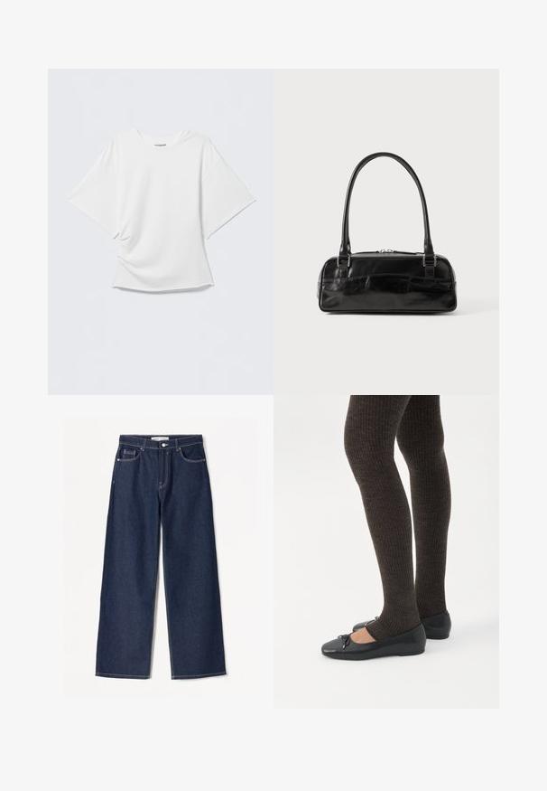 Hvid oversize T-shirt med korte ærmer og rund hals, let krøllet front, vist mod en ensfarvet lysegrå baggrund.; Mørkeblå brede jeans i denimstof med hvide syninger, har to frontlommer og en klassisk knaplukning.; Ben iført mørke ribbede leggings kombineret med sorte balletsko med små sløjfedetaljer på hvid baggrund.; Sort læderhåndtaske med rektangulær form, der har et enkelt struktureret håndtag, sølvhardware og lynlås-lukning. Glat tekstur.