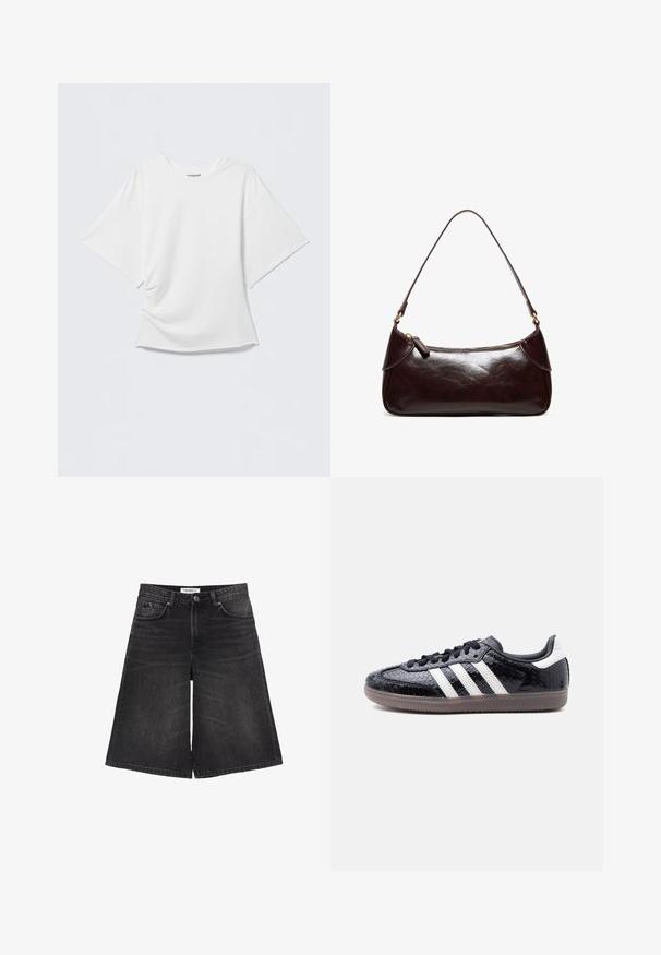 T-shirt blanc oversize à manches courtes avec col rond, devant légèrement froissé, présenté sur un fond gris clair uni.; Shorts larges en denim noir avec poches avant, passants pour ceinture, fermeture par bouton et détails décolorés.; Baskets noires profilées avec motif en relief imitation peau de serpent, bandes blanches sur le côté, lacets noirs et semelle translucide marron.; Sac à bandoulière en cuir marron foncé avec une seule sangle et une fermeture éclair, forme rectangulaire avec des bords arrondis sur fond blanc.