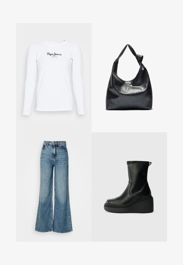 T-shirt blanc à manches longues en tissu doux, arborant le logo "Pepe Jeans London" en noir à l'avant. Design simple et ajusté.; Jean en denim taille haute, bleu clair, à jambes larges, avec poches avant et fermeture à bouton, présenté sur un fond blanc uni.; Bottine en cuir noir avec une semelle compensée, texture lisse, bout arrondi, côtés élastiques et une languette à l'arrière.; Sac à main en cuir tissé noir au design décontracté, avec une sangle nouée et une petite clou doré décoratif en haut.