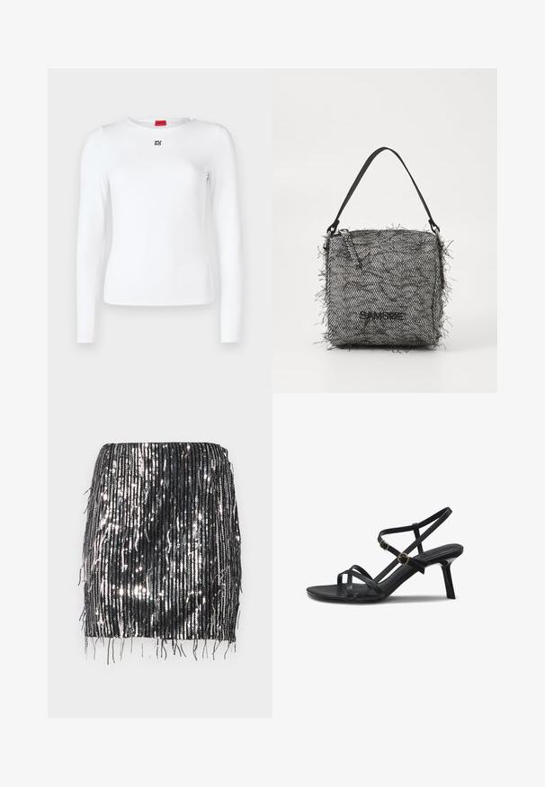 Chemise blanche à manches longues au design ajusté avec un col rond. Dispose d'un petit logo noir "Hugo" sur la poitrine. Texture de tissu lisse.; Mini-jupe noire en sequins avec des détails de franges verticales, texture brillante et coupe ajustée. L'ourlet est droit avec des longueurs de franges inégales.; Sandale noire en cuir à brides avec deux boucles dorées et un talon stiletto de hauteur moyenne sur fond blanc.; Sac en tricot noir et blanc en chevrons avec des bords frangés, doté d'une fine bandoulière et d'un logo sur le devant.