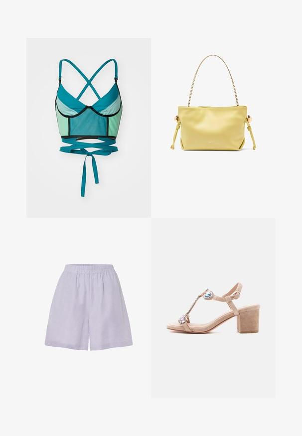 Teal en mint sportbeha met kruisbandjes aan de achterkant, mesh-details en zwarte afwerking. Voorzien van een striksluiting bij de taille.; Licht paarse shorts van zacht materiaal met een elastische tailleband en een relaxte pasvorm, met een eenvoudige, onversierde uitstraling.; Beige suèdesandaal met blokhak, enkelbandje en decoratieve kralenversiering aan de voorkant en op het T-bandje.; Geel synthetisch handtasje met een kettingriem en hardware in goudkleur. Heeft een gladde textuur, verstelbare riem en een merklogo op de voorkant.