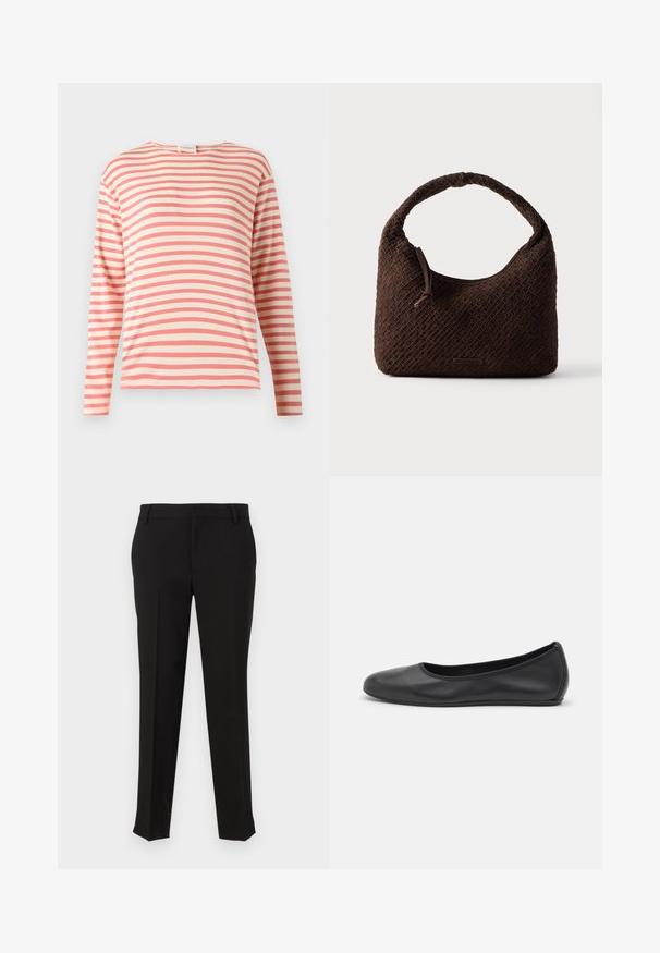 T-shirt manches longues à col rond avec des rayures horizontales roses et blanches, présenté sur un fond uni.; Pantalons noirs ajustés en tissu lisse, avec une coupe droite, des passants de ceinture et des poches latérales. Aucune motif ou matériel visible.; Ballerines en cuir noir avec un bout rond, texture lisse, détails de couture minimalistes et design de semelle flexible.; Sac à main tressé marron avec une poignée arrondie, fabriqué en matériau texturé. Dispose d'une fermeture éclair et d'un petit logo en accent.