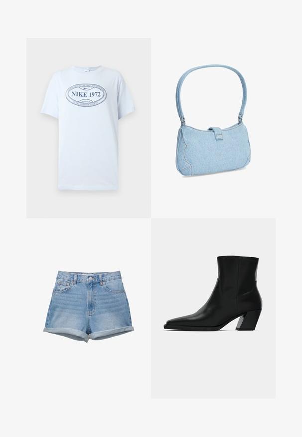 Wit T-shirt met korte mouwen en een marineblauw ovaal logo met de tekst "Nike 1972 Beaverton, OR" en "Ontwikkeld volgens de exacte specificaties van kampioensatleten."; Denim shorts in een lichtblauwe wastint, high-waisted met een knoopsluiting, vijf zakken en omgeslagen zoom. Gladde textuur, klassiek ontwerp.; Zwarte leren enkelboot met een spitse neus, een slanke silhoeet en een chunky vierkante hak. Gladde textuur met minimale stikdetails.; Kleine lichtblauwe denim schoudertas met geschulpte zijkanten en een enkele schouderband, afgesloten met een klep aan de bovenkant in het midden.