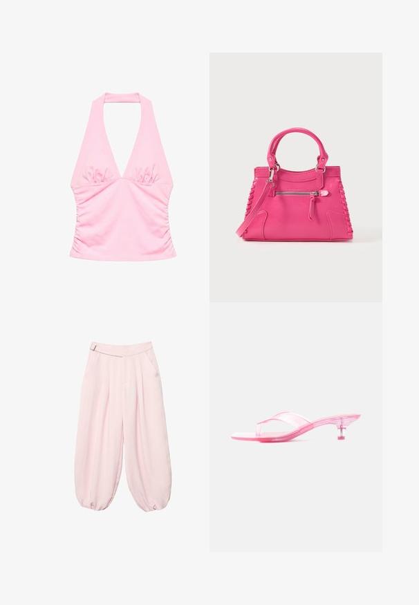 Haut rose à col halter avec poitrine et côtés froncés, présentant un décolleté en V profond et une silhouette ajustée.; Pantalon large rose pâle avec plis, poches latérales, détail boucle à la ceinture et bas resserrés.; Sandale rose translucide à talon bas avec une bride entre les orteils et un petit talon kitten, vue de profil sur un fond blanc.; Sac à main en cuir rose avec deux poignées, laçage décoratif sur les côtés et une poche zippée à l'avant. Texture lisse, forme structurée.