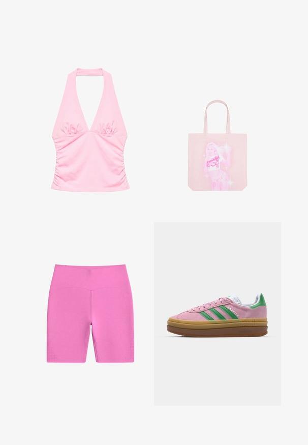 Haut rose à col halter avec poitrine et côtés froncés, présentant un décolleté en V profond et une silhouette ajustée.; Shorts de cycliste sans couture rose vif avec taille haute et petits détails perforés près de l’ourlet sur les deux jambes.; Baskets en daim rose avec des rayures vertes, des accents blancs et une semelle en caoutchouc brun. Comportent un tissu texturé et un détail de logo sur le côté.; Sac cabas rose clair avec une illustration lumineuse d'une femme en crop top et short, entourée d'étincelles.