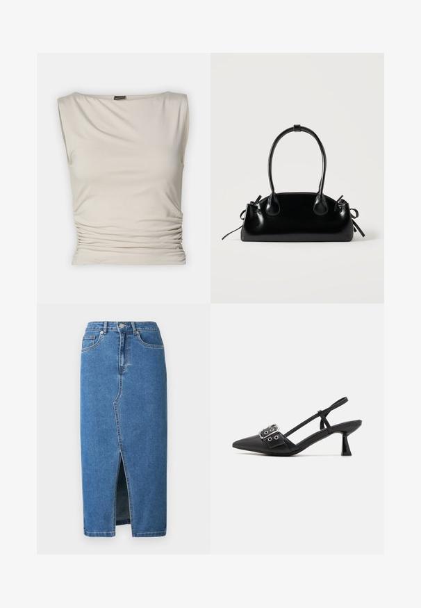 Gina Tricot SOFT TOUCH BOATNECK TOP - Top - pumice stone; Jeans-Midirock in Blau. Verfügt über einen vorderen Schlitz, einen hohen Bund und ein Fünf-Taschen-Design. Klassische Nähte und Metall-Details.; Simmi London DALA - Pumps - black; Kleine schwarze glänzende Handtasche mit zwei langen Griffen und seitlichen Kordelzug-Details vor einfachem hellem Hintergrund.