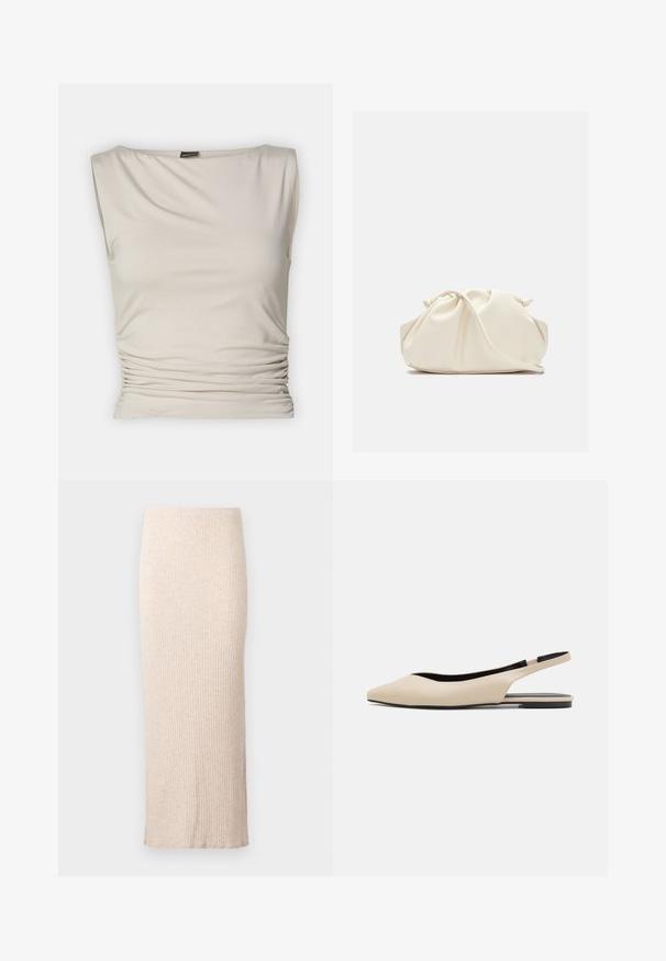 Gina Tricot SOFT TOUCH BOATNECK TOP - Top - pumice stone; Beige ribstrikket pencilskørt, højtaljet, ankellangt, designet til en slank silhuet.; Beige læder slingback flade sko med spidse tæer, minimalisk design, glat tekstur og en lav sort sål.; Blød, cremefarvet læder clutch taske med samlet, rynket design og en tynd skulderrem, der hviler foran på en ensfarvet baggrund.