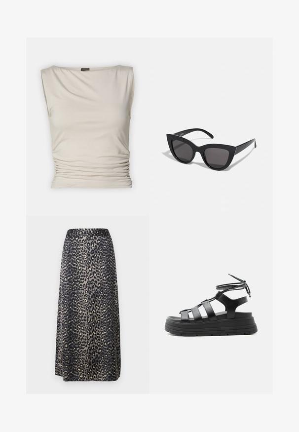Gina Tricot SOFT TOUCH BOATNECK TOP - Top - pumice stone; Ein Midikleid aus Leopardenmuster mit glattem Stoff, einer Schwarz-Beige-Farbkombination und einer geraden Silhouette mit einem Bund.; Schwarze Plateausandale mit dicker Sohle, mehreren horizontalen Riemen und einer Wickelbindung am Knöchel vor einfachem hellem Hintergrund.; Schwarze Cat-Eye-Sonnenbrille mit matter Oberfläche, grauen getönten Gläsern, scharfen Kanten und schlanken Bügeln. Der Markenname ist auf dem inneren Bügel sichtbar.