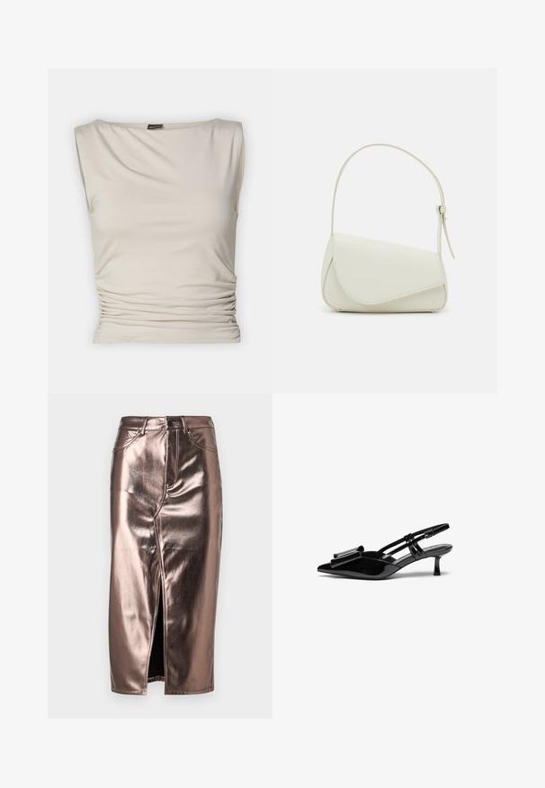 Gina Tricot SOFT TOUCH BOATNECK TOP - Top - pumice stone; Metallic bronze midi-nederdel med en frontslids, der har et klassisk denimsnit, fem lommer og en knaplukning i taljen.; Sorte patenterede læderslingbacks med spids tå, en sløjfedetalje foran og en lille stilettohæle. Remmene har justerbare spænder.; Hvid taske i faux læder med en struktureret trekantet form, enkelt justerbart skulderstrop og en flaplås med kurver.
