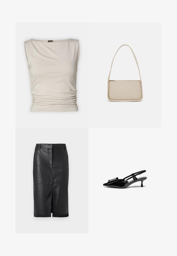 Gina Tricot SOFT TOUCH BOATNECK TOP - Top - pumice stone; Falda lápiz de cuero negro con una abertura frontal, que presenta una textura suave, dos bolsillos laterales y una silueta ajustada.; Zapatos de tacón slingback de charol negro con punta afilada, detalle de lazo en el frente y un pequeño tacón de aguja. Las correas tienen hebillas ajustables.; Even&Odd by Zalando Bolso de mano - off white