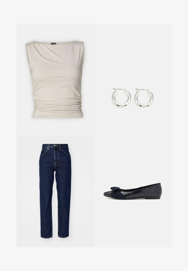 Gina Tricot SOFT TOUCH BOATNECK TOP - Débardeur - pumice stone; Jean en denim bleu foncé avec une taille haute, design à jambe droite, poches avant et détails de couture discrets. Style classique et polyvalent.; Ballerines navy avec une finition laquée brillante et un détail en suède texturé en forme de nœud sur le bout, présentant un bout rond et une semelle plate.; Boucles d'oreilles en argent avec une finition polie, présentant une forme circulaire et une fermeture à charnière. Texture lisse avec un minimum de détails.