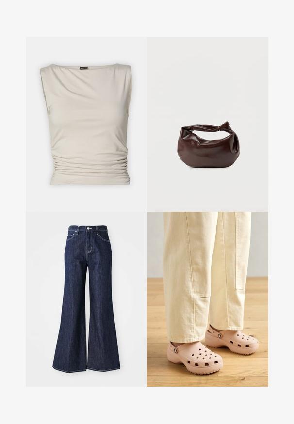 Gina Tricot SOFT TOUCH BOATNECK TOP - Top - pumice stone; Mørke denim flared jeans med høj talje, der har knap- og lynlåslukning. Hvide syninger og brede ben skaber en struktureret silhuet.; Lyserøde trædestøvler lavet af gummi, med ventilationshullerne, en kontureret form og en struktureret sål for greb. Bæres med lyse beige bukser.; Mørkebrun læder skuldertaske med en blød, afslappet form og et snoet knudehåndtag på en ensartet hvid baggrund.