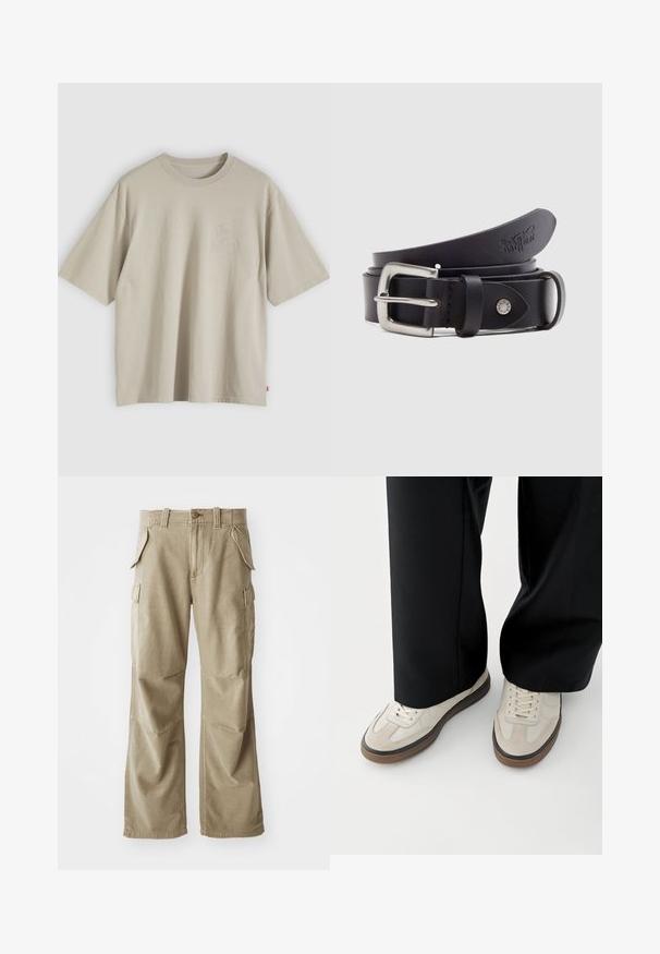Beige oversized T-shirt i bomuld med korte ærmer, rund hals og subtilt præget logo på brystet, vist på en neutral baggrund.; Beige cargo bukser lavet af slidstærkt stof, med en afslappet pasform, flere sidelommer og forstærkede knæ. Flad frontdesign.; Fødder iført beige sneakers med brune såler og sorte bukser med vide ben på hvid baggrund.; Sort læderbælte med spænde i sølvmetal, en trykknap til justering og prægede detaljer på læderet. Glat tekstur over det hele.