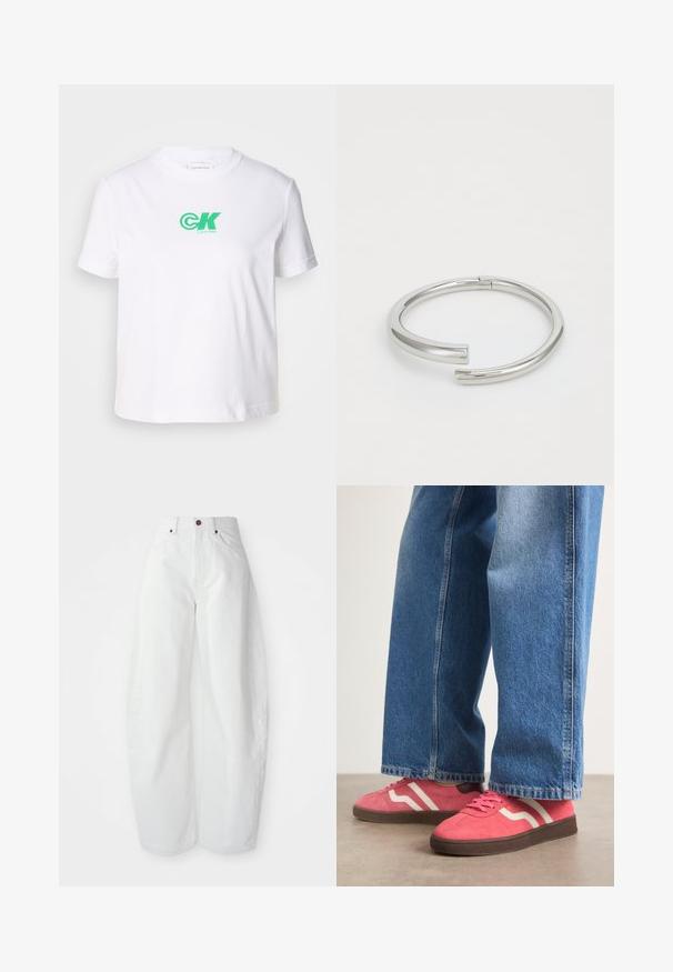 Witte katoenen t-shirt met een ronde hals en korte mouwen, voorzien van een groen Calvin Klein-logo op de voorkant. Klassiek, recht gesneden ontwerp.; Hoge taille witte spijkerbroek met een losse pasvorm. Voorzien van een knoopsluiting, zijzakken en een minimalistisch ontwerp. Glad textuur.; Roze suède sneakers met witte golvende strepen en bruine rubberen zolen, gecombineerd met lichtblauwe wijde denim jeans.; Calvin Klein SPIRAL - Armband - silver-coloured
