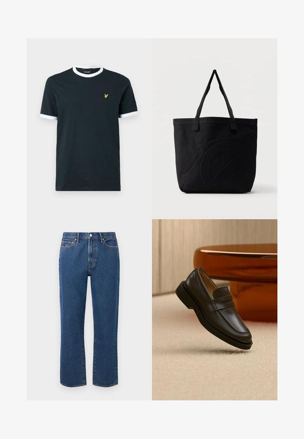 Marineblå bomulds T-shirt med hvid ribkant ved kraven og ærmekanterne. Udstyret med et lille gult broderet logo på venstre bryst.; Blå straight-leg jeans lavet af denim, med knaplukning, fem lommer og kontrasterende orange stikninger.; Sort læderloafer, der svæver over et beige tæppe med brunt afrundet møbel i baggrunden.; Sort canvas-tote-taske med to skulderstropper og et diskret præget cirkeldesign på fronten.