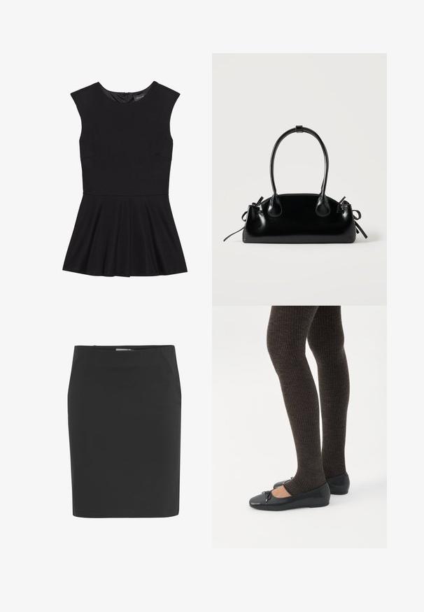 Vestido negro sin mangas hecho de una tela suave, que cuenta con un corsé ajustado y una falda acampanada. Cierre de cremallera en la parte trasera, diseño minimalista sin estampados.; Falda lápiz negra hasta la rodilla con corte recto y cierre lateral con cremallera.; Piernas con leggings oscuros acanalados combinados con bailarinas negras que presentan pequeños detalles de lazo sobre un fondo blanco.; Pequeño bolso negro brillante con dos asas largas y detalles de cordón lateral sobre un fondo claro liso.