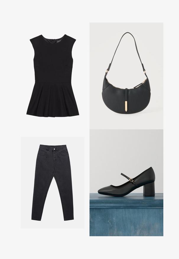 Sort ærmeløs kjole lavet af glat stof, med en tætsiddende liv og en udfoldet nederdel. Ryglynlås, minimalistisk design uden mønstre.; Sorte denimjeans med en slim fit, høj talje, fem-lomme design og bæltestropper. Teksturen er glat med minimal syningsdetalje.; Sort Mary Jane-sko med blokhæl og guldfarvet spænde, svævende over et glat betongulv i en minimalistisk indendørs setting.; Sort håndtaske formet som en halvmåne med en enkelt rem, guld lynlås og en guldfarvet rektangulær dekorativ fane foran.