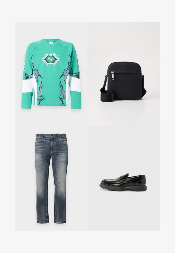 Grøn langærmet sportstrøje med sorte og hvide abstrakte mønstre og en central gul Puma-logo inden i en sort og hvid pigget oval.; Blå denim jeans med lige ben. Lysbehandlede områder, klassisk fem-lomme design og en enkelt metalknaplukning i taljen.; Sort læderloafer med en blank finish, rund tå, subtile syninger og en tyk gummisål for holdbarhed.; Sort skuldertaske i læder med en glat tekstur, har en lynlåslomme foran, justerbar rem og et elegant firkantet design.