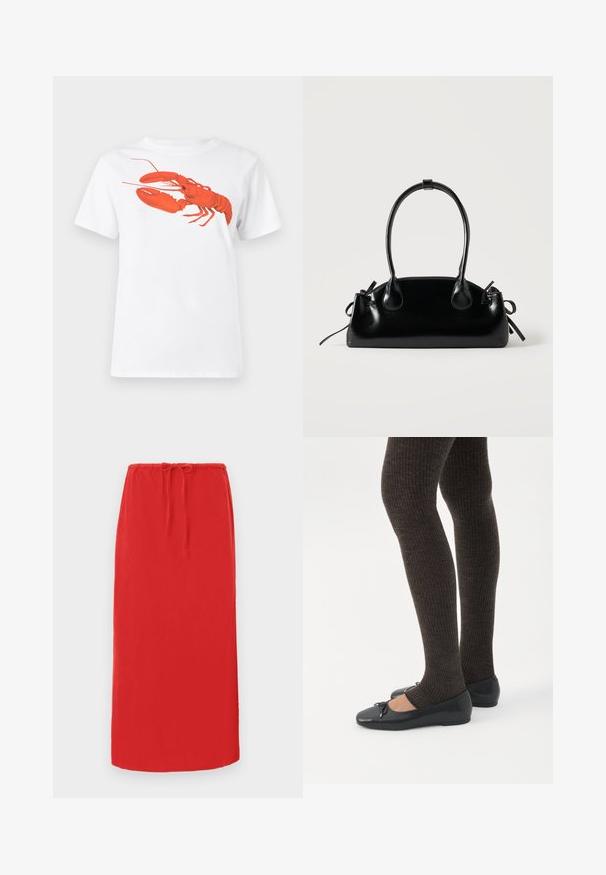 T-shirt en coton blanc avec un grand graphisme de homard rouge vif sur le devant. Manches courtes et design à col rond standard.; Jupe rouge, longueur genou, fabriquée en tissu léger avec une taille élastique et un cordon de serrage pour un ajustement modulable. Texture lisse, sans motifs visibles.; Jambes portant des leggings côtelés foncés associés à des ballerines noires avec de petits détails en nœud sur fond blanc.; Petit sac à main noir brillant avec deux longues anses et des détails à cordon sur les côtés sur un fond clair uni.