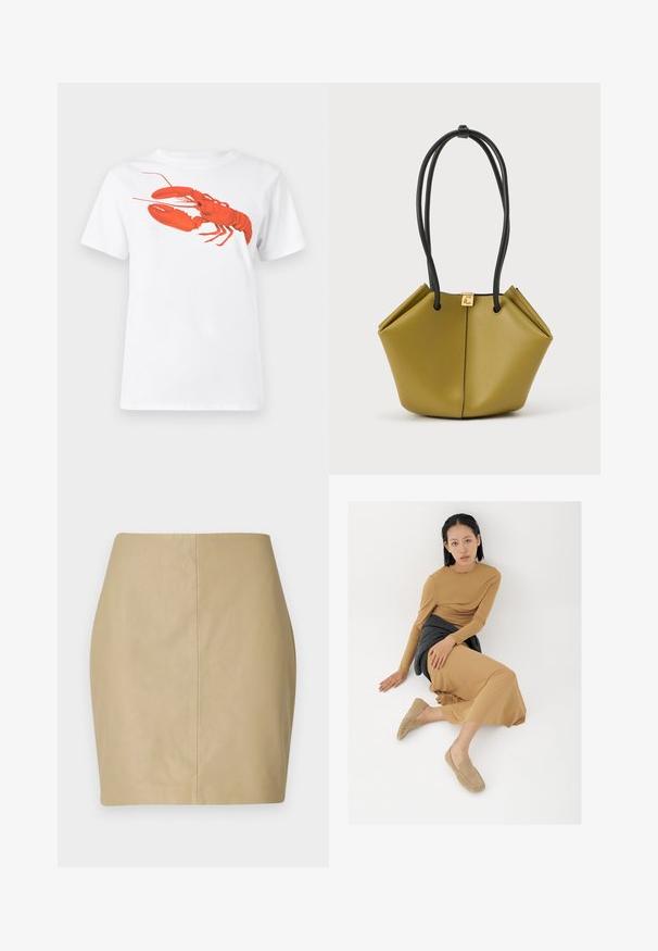 Hvid bomulds t-shirt med et stort, klart rødt hummerprint på forsiden. Korte ærmer og standard rund halsdesign.; Beige læder mini nederdel med en tætsiddende design, glat tekstur og en central søm, der løber lodret ned ad ryggen.; Ung kvinde med kort sort hår sidder på gulvet iført en tanfarvet langærmet kjole, beige loafers og en mørkegrå sweater bundet om livet.; Olivengrøn læderhåndtaske med sorte, runde håndtag og lille guldlås øverst i midten mod hvid baggrund.