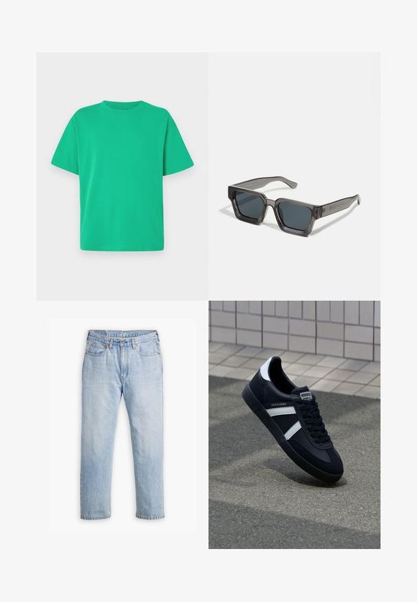 Grøn kortærmet t-shirt lavet af blødt stof; har rund hals og afslappet pasform; glat tekstur uden mønstre eller accenter.; Lysblå denimjeans med lige bendesign, fem lomme stil og kontrastsyet. Knap- og lynlåslukning i taljen.; Sort lædersneaker med hvide striber, tekstureret gummisål og snørrebånd foran. Har et brandet mærke på tungen.; Jack & Jones JACPETER SUNGLASSES UNISEX - Solbriller - grey