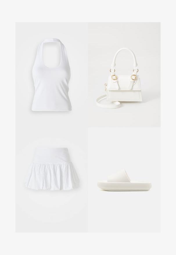 Haut halter blanc avec un décolleté en forme de cœur, fabriqué en tissu lisse et extensible. Présente un design minimaliste sans embellissements ni motifs.; Jupe évasée blanche fabriquée en tissu léger, avec un design froncé et une taille élastique pour le confort. Pas de motifs ni d'accents visibles.; Sandale blanche à semelle plate avec une sangle texturée et une semelle ronde et surélevée. Le matériau semble lisse et durable avec un motif subtil.; Sac à main en simili cuir blanc avec un design structuré, des accents en métal doré, deux poignées supérieures et une bandoulière réglable.