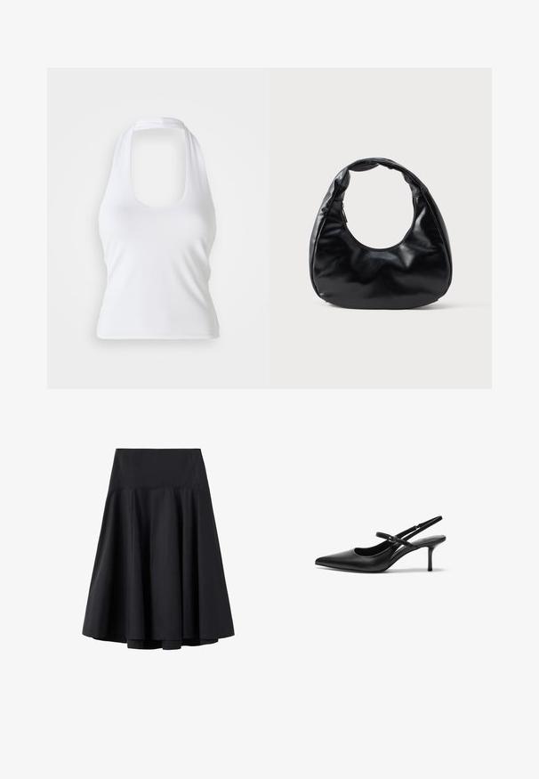 Haut halter blanc avec un décolleté en forme de cœur, fabriqué en tissu lisse et extensible. Présente un design minimaliste sans embellissements ni motifs.; Jupe noire taille haute en ligne A avec une large ceinture et un ourlet évasé, fabriquée en tissu lisse, présentée sur fond blanc.; Talons aiguilles noires en cuir avec un bout pointu, une fine bride réglable, et un talon aiguille d'environ 5 cm, texture lisse.; Sac à main en simili cuir noir avec une forme de croissant unique, une large poignée rembourrée et une fermeture éclair. Texture lisse et brillante, design minimaliste.