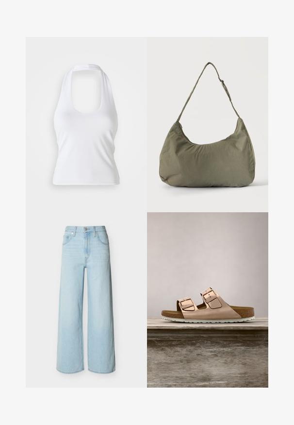 Top halter blanco con escote redondeado, hecho de una tela suave y elástica. Presenta un diseño minimalista sin adornos ni patrones.; Vaqueros de pierna ancha en azul claro con cierre frontal de botón y cremallera, trabillas para cinturón y diseño clásico de cinco bolsillos.; Sandalias deslizantes en oro rosa con dos hebillas metálicas ajustables, plantilla de corcho y suela de goma blanca. Acabado metálico suave, diseño de punta abierta.; Bolso de hombro de tela suave color verde oliva con cierre de cremallera y correa ajustable sobre un fondo liso y claro.