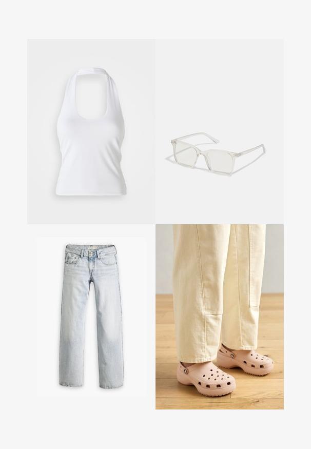 Weißes Halftertop mit einem runden Ausschnitt, aus glattem, elastischem Stoff gefertigt. Verfügt über ein minimalistisches Design ohne Verzierungen oder Muster.; Hellblaue Denim-Jeans mit lockerer Passform, hoher Taille und fünf Taschen. Mit Stitching-Akzenten und einem Knopfverschluss.; Helle rosa Clogs aus Gummi, mit Belüftungslöchern, einer konturierten Form und einer strukturierten Sohle für Halt. Getragen mit hellbeigen Hosen.; Klare, quadratische Kunststoffbrillen mit durchsichtigen Gläsern, die goldene Akzente an den Bügeln für zusätzliche Details aufweisen.