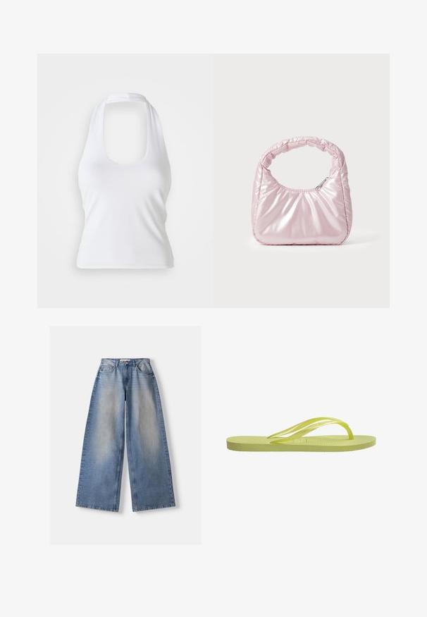 Hvid halterneck top med scoop-udskæring, lavet af glat, strækbart stof. Har et minimalistisk design uden dekorative elementer eller mønstre.; Lyseblå vidde jeans med falmet front, fem-lomme stil, knap- og lynlåslukning, lagt fladt på en hvid baggrund.; Limegrøn flip-flop med ribbet sål, tynde stropper og struktureret fodseng. Fremstillet af gummi, med et minimalistisk design og glat overflade.; Rosa, polstret håndtaske med afrundet design, lavet af skinnende materiale. Har et samlet håndtag og en lynlås til sikker adgang.