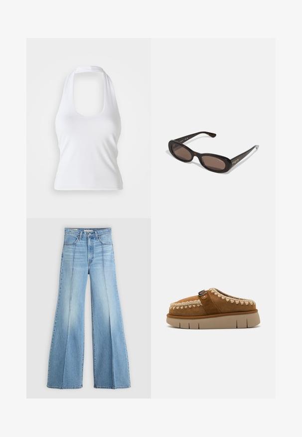 Biely halter top s výstrihom do véčka, vyrobený z hladkej, elastickej látky. Disponuje minimalistickým dizajnom bez ozdôb alebo vzorov.; Svetlomodré vysoké džínsy s širokými nohavicami, prednými a zadnými vreckami, pútkami na opasok a vertikálnymi švovými detailami na prednej strane.; Hnedé semišové slip-on topánky so zdobným prešívaním, chunky béžovou podrážkou a pásikom s kovovou prackou. Charakterizujú ich textúrovaný zvršok.; Rámiky z korytnačiny s oválnymi sklami, hnedo tónovaným sklom a kovovým označením "vogue" na spánkoch. Hladké plastové rámy.