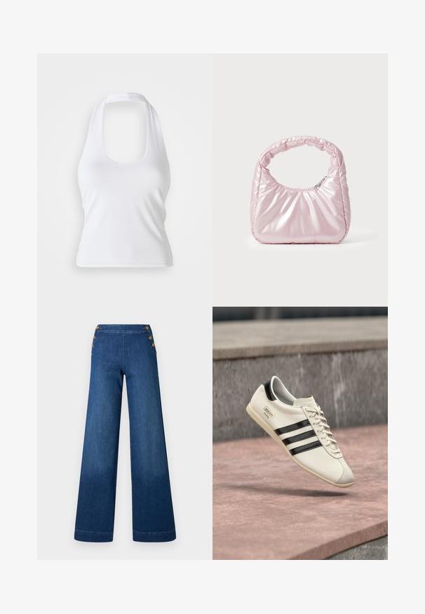 Haut halter blanc avec un décolleté en forme de cœur, fabriqué en tissu lisse et extensible. Présente un design minimaliste sans embellissements ni motifs.; Pantalon en denim bleu foncé à jambes larges. Il présente un devant plat avec cinq boutons dorés pour la fermeture. Texture lisse avec une finition classique.; Baskets blanches Adidas avec des rayures noires et une semelle beige, flottant au-dessus d'une surface en béton rosâtre et d'un fond en pierre grise.; Sac à main rose rembourré avec un design arrondi, fabriqué à partir d'un matériau brillant. Dispose d'une poignée froncée et d'une fermeture éclair pour un accès sécurisé.