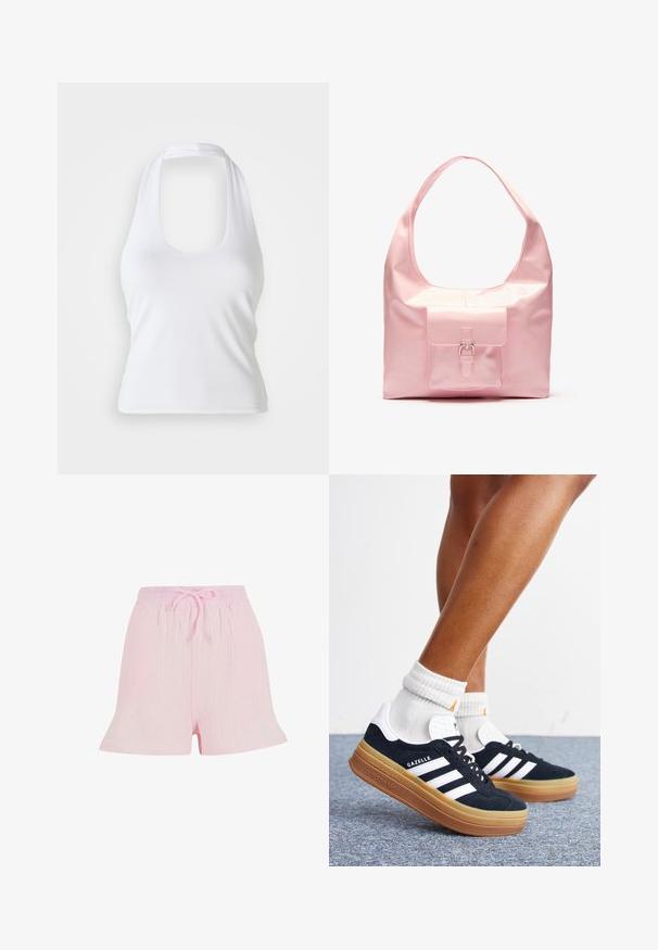 Hvid halterneck top med scoop-udskæring, lavet af glat, strækbart stof. Har et minimalistisk design uden dekorative elementer eller mønstre.; Lyserøde shorts lavet af tekstureret stof, med en elastisk talje og snoretræk samt en afslappet, udfladet silhuet.; Ben iført hvide sokker og sorte Adidas Gazelle sneakers med hvide striber og tykke brune såler på et gråt tæppe.; Lyserød håndtaske med en blank finish, stor skulderrem, forlommer med dekorativ spænde detalje. Glat tekstur, minimalistisk design.