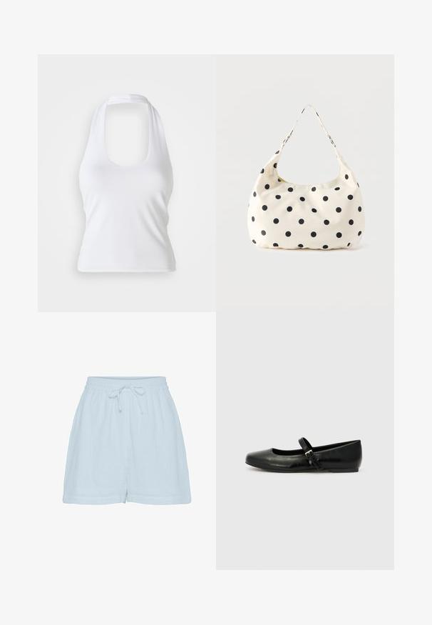 Witte haltertop met een ronde halslijn, gemaakt van een gladde, rekbare stof. Heeft een minimalistisch ontwerp zonder versieringen of patronen.; Lichtblauwe katoenen shorts met een relaxte pasvorm, elastische tailleband en verstelbaar trekkoord. Beschikt over een zachte, gestructureerde stof en zijnaad.; Zwarte leren balletschoenen met een ronde neus, een platte zool en een dunne verstelbare band over de wreef met een metalen gesp.; Crèmekleurige stoffen handtas met zwarte polkadots en een enkele schouderriem, getoond tegen een effen witte achtergrond.