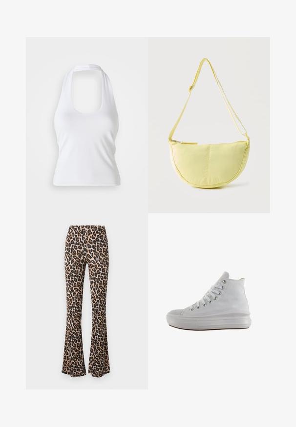 Top halter blanco con escote redondeado, hecho de una tela suave y elástica. Presenta un diseño minimalista sin adornos ni patrones.; Pantalones acampanados de estampado de leopardo en tono marrón y negro, hechos de una tela suave con una textura lisa, con una cintura ajustada y un dobladillo acampanado.; Zapatilla de lona blanca de caña alta con cordones blancos, ojales metálicos, suela gruesa de goma y puntera texturizada, mirando hacia la izquierda sobre un fondo blanco.; Bolso de hombro en forma de media luna de color amarillo suave con correa ajustable y cierre de cremallera en la parte superior sobre un fondo claro y liso.