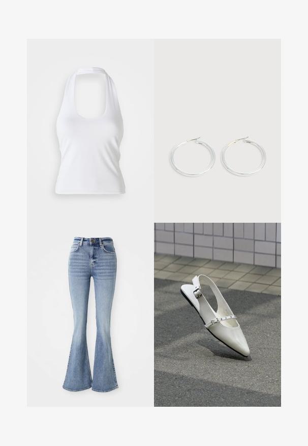 Witte haltertop met een ronde halslijn, gemaakt van een gladde, rekbare stof. Heeft een minimalistisch ontwerp zonder versieringen of patronen.; Lichtblauwe high-waisted denim jeans met uitlopende pijpen, een knoop aan de voorkant en zakken, gepresenteerd op een witte achtergrond.; Witte puntige slingback platte schoen met twee zilveren gespen, getoond buiten op een getextureerde ondergrond en betegelde muur als achtergrond.; Een paar glanzende zilveren oorringen met dunne draadafsluitingen, getoond op een lichtgrijze achtergrond.