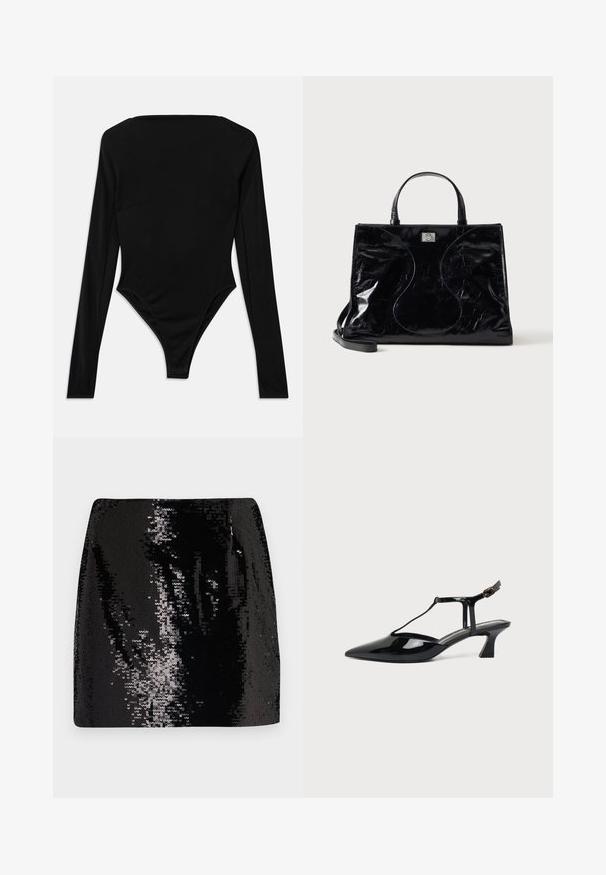 Bodysuit noir à manches longues en tissu extensible, avec un décolleté carré et une finition de jambe haute sans quincaillerie visible ni motifs.; Jupe mini en sequins noirs avec un design ajusté, taille haute et texture brillante, présentant des détails de surface réfléchissante et une silhouette épurée.; Chaussure slingback en cuir verni noir à bout pointu avec bride en T et petit talon bloc incliné sur fond blanc.; Sac à main en cuir noir brillant avec poignées courtes, bandoulière amovible et détails de couture discrètement courbés à l’avant.