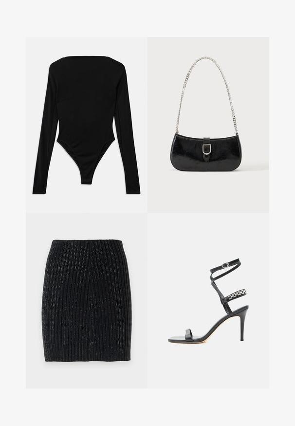 Čierny bodysuit s dlhým rukávom vyrobený z elastického materiálu, s štvorcovým výstrihom a vysokým strihom nohavičiek bez viditeľného hardvéru alebo vzorov.; Čierna pletená mini sukňa s vertikálnym ryhovaním a jemnými kovovými vláknami. Má priliehavý strih a stredný zadný rozparok pre pohodlný pohyb.; Čierna sandála na vysokom opätku s úzkym remienkom okolo členka, remienkom v strede chodidla ozdobeným striebornými reťazovými článkami a otvorenou špičkou.; Čierna lakovaná kožená kabelka na rameno so striebornou prackou a strieborným reťazovým remienkom, zobrazená na jednofarebnom svetlom pozadí.