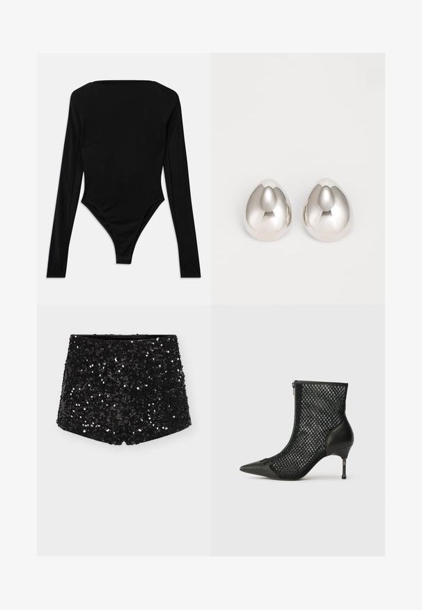 Bodysuit noir à manches longues en tissu extensible, avec un décolleté carré et une finition de jambe haute sans quincaillerie visible ni motifs.; Shorts noirs ornés de sequins avec une taille ajustée, présentant une texture lisse et une surface scintillante et réfléchissante grâce aux sequins.; Bottines noires avec un bout pointu, des côtés en maille, un contrefort en cuir et un talon aiguille fin avec un détail métallique géométrique.; Boucles d'oreilles en métal argenté avec un design lisse et arrondi ressemblant à la forme d'une goutte d'eau, présentant une surface réfléchissante et une finition sans couture.