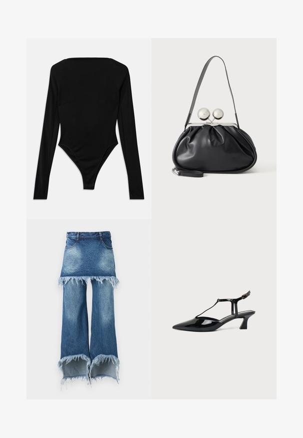 Bodysuit noir à manches longues en tissu extensible, avec un décolleté carré et une finition de jambe haute sans quincaillerie visible ni motifs.; Jupe-pantalon en denim, dégradé de bleu clair à bleu foncé, ourlet brut avec bords effilochés, cinq poches, taille standard, silhouette à jambe large.; Chaussure slingback en cuir verni noir à bout pointu avec bride en T et petit talon bloc incliné sur fond blanc.; Sac à main en cuir noir avec un design plissé, une sangle unique, un cadre métallique argenté et deux grandes fermoirs ronds en argent.