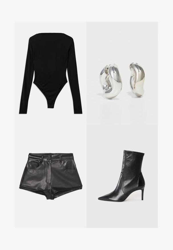 Bodysuit noir à manches longues en tissu extensible, avec un décolleté carré et une finition de jambe haute sans quincaillerie visible ni motifs.; Shorts en simili cuir noirs à taille haute, dotés de deux poches frontales, de coutures apparentes et d'une texture lisse.; Bottes noires à la cheville en cuir lisse, dotées d'un bout pointu, d'un tige ajustée et d'un talon haut fin. Design minimaliste sans quincaillerie visible.; Boucles d'oreilles sculpturales en argent avec des formes douces et courbes et des surfaces réfléchissantes. Présentent un design de boucle fermée et une forme organique distincte.