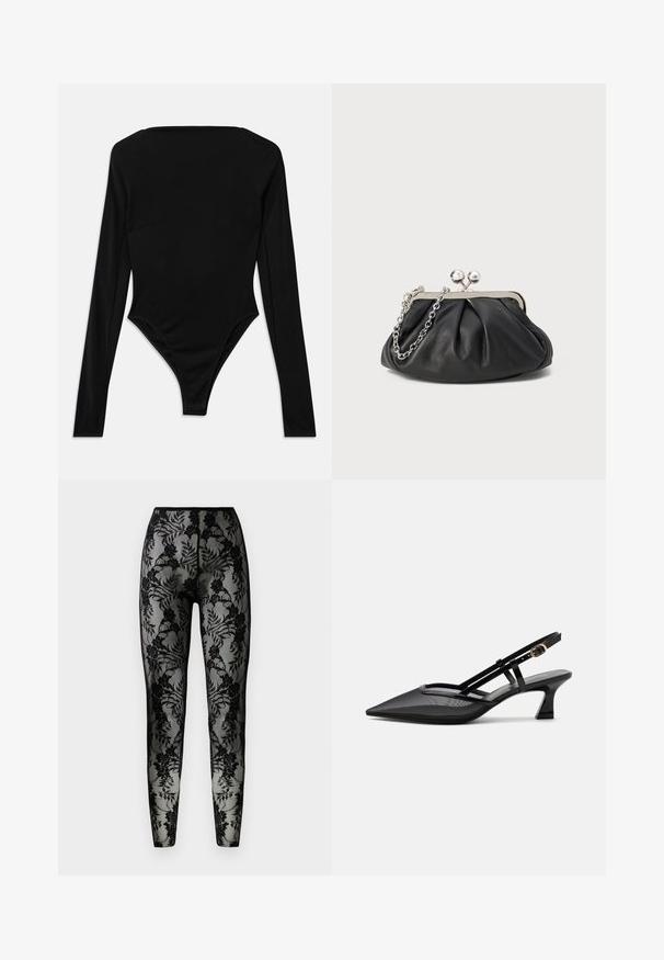 Bodysuit noir à manches longues en tissu extensible, avec un décolleté carré et une finition de jambe haute sans quincaillerie visible ni motifs.; Leggings en dentelle noire avec un motif floral, en tissu transparent, et une coupe ajustée, dotés d'une taille lisse et d'ourlets fermés.; Chaussure slingback noire à bout pointu avec tige en mesh, fines brides, boucle dorée et petit talon incurvé sur fond blanc.; Porte-monnaie en cuir noir avec texture froncée, cadre en métal argenté, fermeture à verrouillage kiss-lock et bandoulière en chaîne. Surface lisse et douce.
