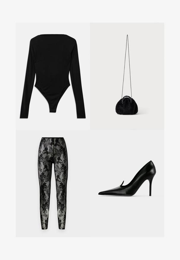 Bodysuit noir à manches longues en tissu extensible, avec un décolleté carré et une finition de jambe haute sans quincaillerie visible ni motifs.; Leggings en dentelle noire avec un motif floral, en tissu transparent, et une coupe ajustée, dotés d'une taille lisse et d'ourlets fermés.; Chaussure à talon haut en cuir noir avec bout pointu et talon aiguille fin, montrée de profil sur un fond clair uni.; Petit sac à main noir en fausse fourrure avec poignées tressées sur le dessus et longue bandoulière fine sur fond uni.