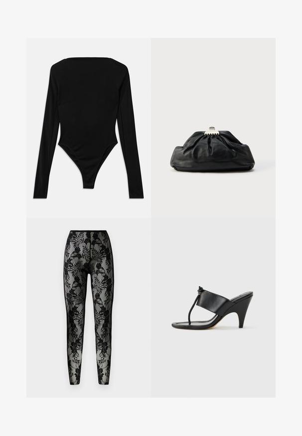 Langærmet sort bodysuit lavet af strækbart stof, med firkantet udskæring og en højskåret benkant uden synligt hardware eller mønstre.; Sorte blonde leggings med blomstermønster, gennemsigtigt stof og en tæt pasform, med en glat talje og lukkede sømme.; Sort højhælet sandal med bred frontrem og en tåsløjfe med en knyttet snordetalje, vist i profil på hvid baggrund.; Sort læderclutch med en samlet tekstur, metal lukning og diskret præget logo på forsiden. Rundet form.