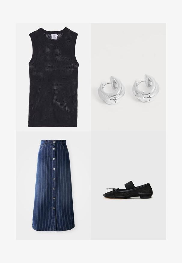 Haut sans manches noir en jersey, fabriqué en tissu en maille, avec un col rond et des bords côtes, offrant un design léger et respirant.; Jupe maxi en denim foncé avec des rayures blanches verticales, fermeture à boutons sur le devant et légère évasement à l'ourlet. Comprend cinq boutons et un surpiquage contrasté.; Chaussure plate noire avec un bout pointu, fabriquée en tissu texturé, avec un accent à nœud et un petit talon rond. Sangle élastique au niveau de la cheville.; Paire de boucles d’oreilles créoles en métal argenté brillant, avec un motif de croissant superposé, sur fond blanc uni.