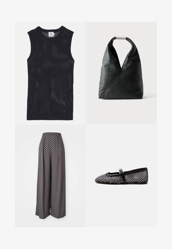 Haut sans manches noir en jersey, fabriqué en tissu en maille, avec un col rond et des bords côtes, offrant un design léger et respirant.; Pantalons à jambes larges en tissu à motifs, présentant un schéma de couleurs gris et crème avec un design géométrique en losanges et une taille haute.; Chaussure plate Mary Jane noire avec des clous ronds argentés couvrant la tige et une fine bride avec une petite boucle argentée.; Sac à main en cuir noir avec une forme triangulaire douce et une poignée à fermoir métallique argenté sur fond blanc uni.