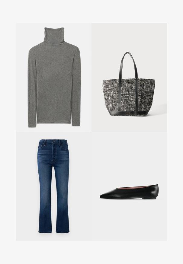 Grå langærmet polo t-shirt lavet af et blødt, struktureret stof. Har et højt halsdesign og en tætsiddende silhuet.; Flared jeans i mørkeblåt denim. Har et højtaljet design, fem lommer og minimale syninger. Glat tekstur og ren finish.; Sort damesko i læder med flad hæl og spids tå, vist fra siden på en ensfarvet lys grå baggrund.; Sort-hvid tekstureret mulepose med to sorte læderhåndtag og en læderbund, vist mod en ensfarvet lys baggrund.
