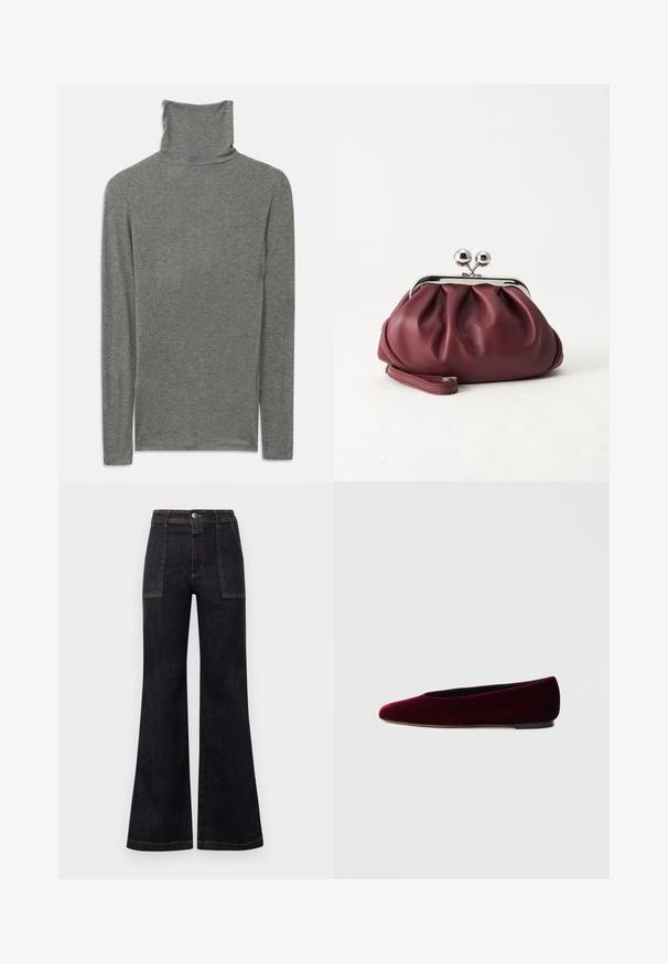 Graues Langarm-Pullover mit Stehkragen, aus einem weichen, strukturierten Stoff gefertigt. Verfügt über ein hoch geschnittenes Design und eine figurbetonte Silhouette.; Schwarze Denim-Jeans mit weitem Bein und hoher Taille, ausgestattet mit orangefarbenen Nähten und zwei Fronttaschen. Glatte Textur, saubere Verarbeitung, klassisches Design.; Bordeauxrote Ballettschuhe aus Samt mit abgerundeter Spitze und niedrigem Absatz, mit glatter Textur und elegantem Design.; Kleine burgunderrote Lederclutch mit silbernem Metallverschluss und Handgelenksriemen auf weißem Hintergrund.